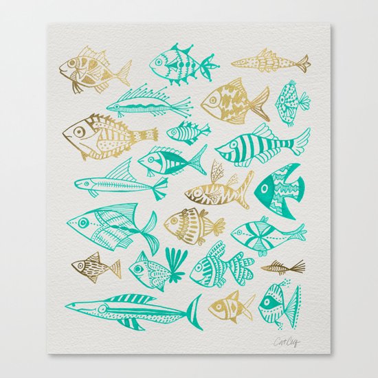 Inked Fish – Turquoise & Gold Canvas Print