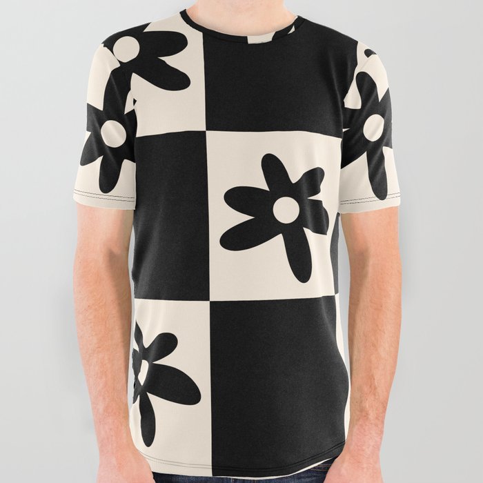 Flower Check Checkerboard Geometric Floral Pattern Black and Almond Cream All Over Graphic Tee