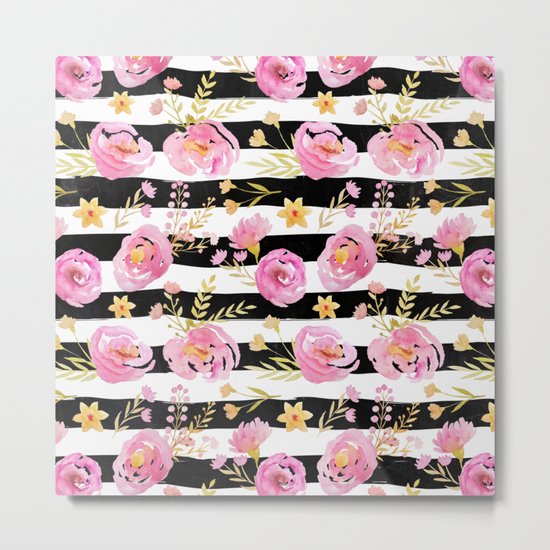 Delicate Poppy Pattern On Stripes 2 Metal Print