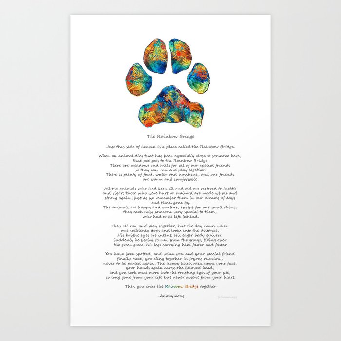 Rainbow Bridge Poem With Colorful Paw Print by Sharon Cummings Art Print