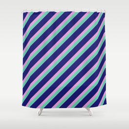 [ Thumbnail: Plum, Aquamarine & Midnight Blue Colored Lined/Striped Pattern Shower Curtain ]