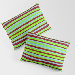 [ Thumbnail: Sky Blue, Green & Dark Red Colored Lined Pattern Pillow Sham ]