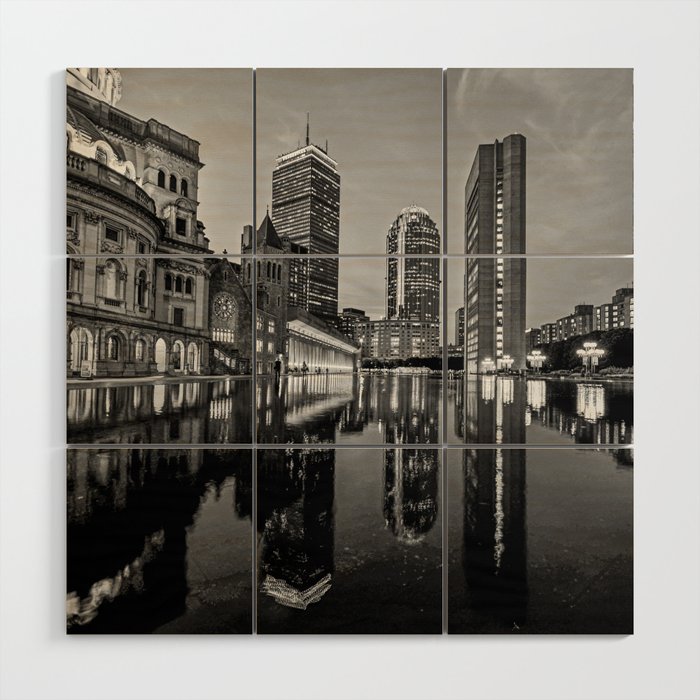 Boston Christian Science Center and Reflecting Pool Black and White Wood Wall Art