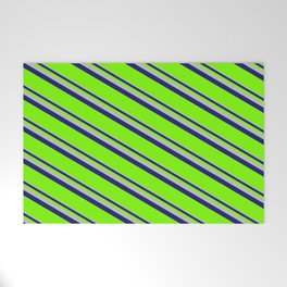 [ Thumbnail: Grey, Midnight Blue, and Green Colored Lined/Striped Pattern Welcome Mat ]