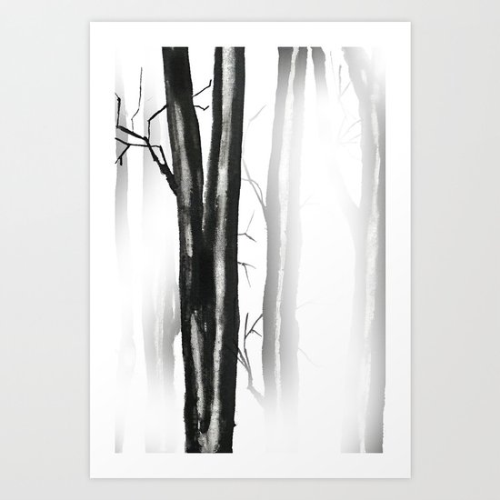 wood, snow and fog Art Print