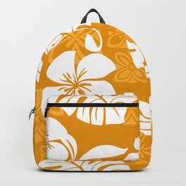 Orange & White Hibiscus Aloha Hawaiian Flower Blooms and Tropical Banana Leaves Pattern Backpack