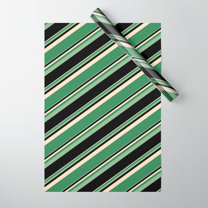 Bisque, Sea Green, Dark Sea Green, and Black Colored Lined Pattern Wrapping Paper