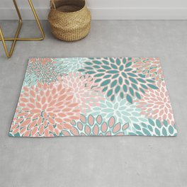 Festive, Modern, Floral Prints, Teal and Coral Area & Throw Rug