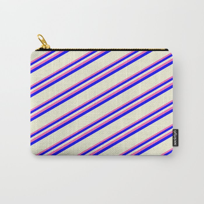 Hot Pink, Blue, and Beige Colored Striped Pattern Carry-All Pouch