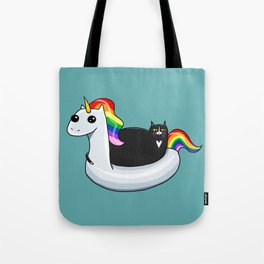 Chonky Cat on Rainbow Unicorn Floatie Tote Bag by kilkennycat