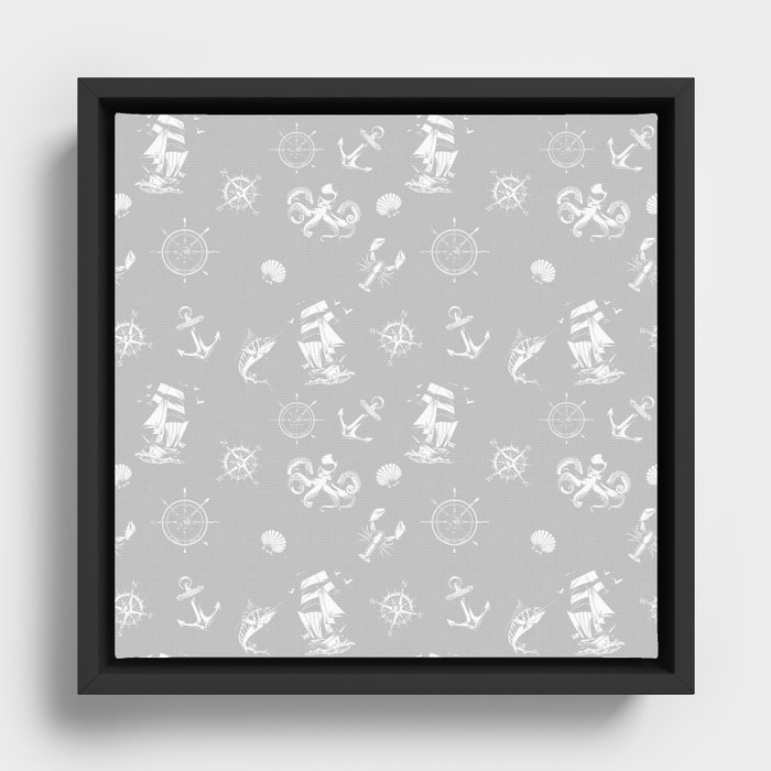 Light Grey And White Silhouettes Of Vintage Nautical Pattern Framed Canvas