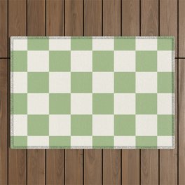 Checkerboard Check Checkered Pattern in Light Sage Green and Cream Outdoor Rug
