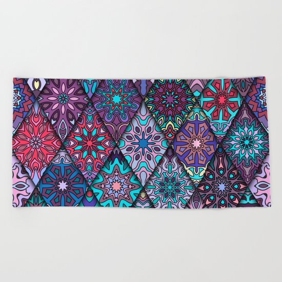 Vintage patchwork with floral mandala elements Beach Towel