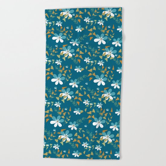White flowers on a blue background . Beach Towel