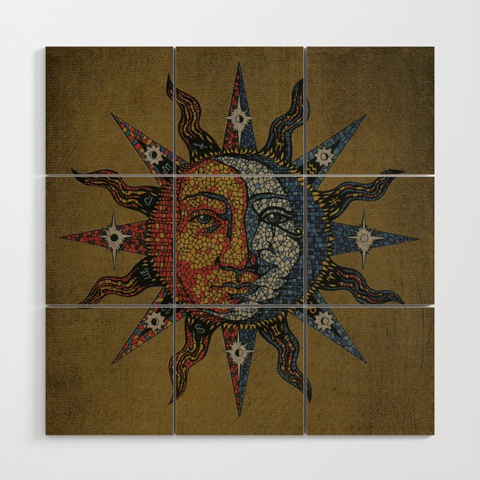 Vintage Celestial Mosaic Sun & Moon Wood Wall Art