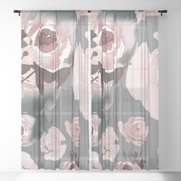 Pink Roses Grey Floral Sheer Curtain