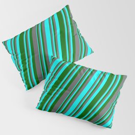 [ Thumbnail: Aqua, Dark Green & Dim Grey Colored Lines/Stripes Pattern Pillow Sham ]