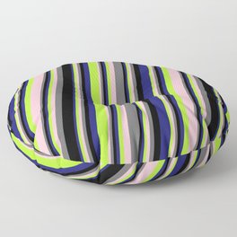 [ Thumbnail: Eye-catching Midnight Blue, Light Green, Pink, Dim Grey, and Black Colored Striped Pattern Floor Pillow ]