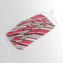 [ Thumbnail: Crimson, Beige, Dark Grey, and Black Colored Lined/Striped Pattern Face Mask ]