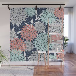 Floral Prints and Leaves, Navy, Aqua Coral and Gray Wall Mural