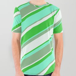 [ Thumbnail: Aquamarine, Dark Sea Green, Mint Cream & Lime Green Colored Lined Pattern All Over Graphic Tee ]