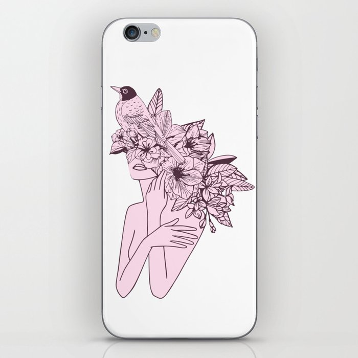 Woman with Flowers and Bird Abstract Line Art iPhone Skin