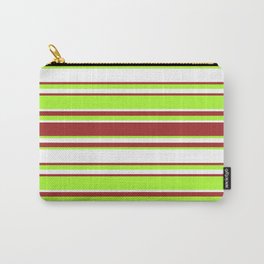 [ Thumbnail: Brown, Light Green & White Colored Lined Pattern Carry-All Pouch ]