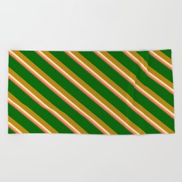 [ Thumbnail: Eyecatching Dark Green, Dark Goldenrod, Beige, Coral & Dark Olive Green Colored Lined Pattern Beach Towel ]