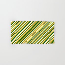 [ Thumbnail: Vibrant Green, Tan, Goldenrod, Dark Green & White Colored Pattern of Stripes Hand & Bath Towel ]
