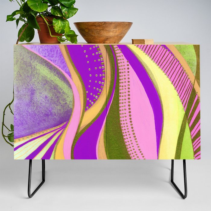 Abstract Design | Feminine Flow Curves Design | Yellow, Green & Purple Psychedelic Colors Credenza