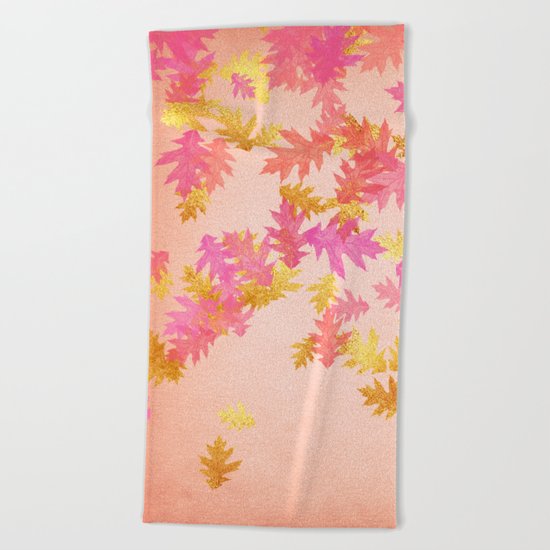 Autumn-world 1 - gold glitter leaves on pink backround Beach Towel