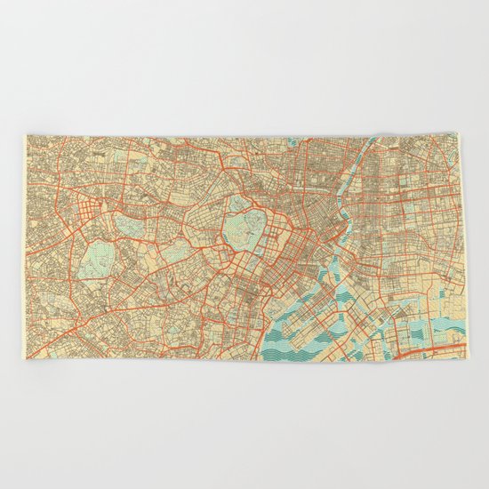 Tokyo Map Retro Beach Towel