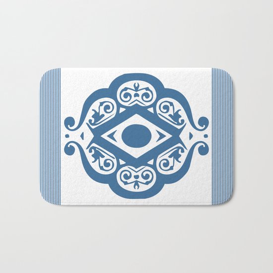 Blue White Ornate Shapes Pattern Bath Mat