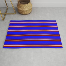 [ Thumbnail: Brown, Maroon, and Blue Colored Lined Pattern Rug ]