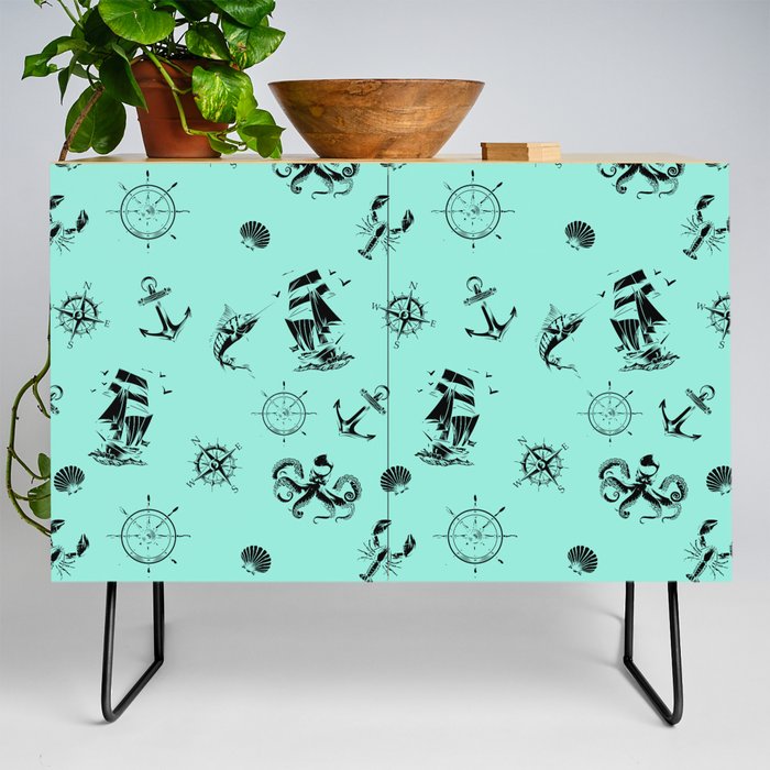 Mint Blue And Black Silhouettes Of Vintage Nautical Pattern Credenza