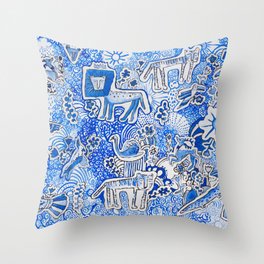 Delft Blue and White Pattern Painting with Lions and Tigers and Birds Throw Pillow