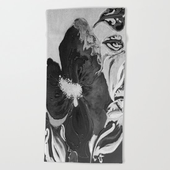 Black and White of Birthday Acrylic Blue Orange Hibiscus Flower Painting with Red and Green Leaves Beach Towel