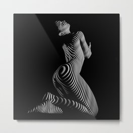 0721s-MM BW Fine Art Nude Tiger Striped Woman on Her Knees Metal Print | Artnude, Black And White, Abstractnude, Ass, Projectionmapping, Modelmeganmorse, Butt, Bum, Bedroomart, Bw 