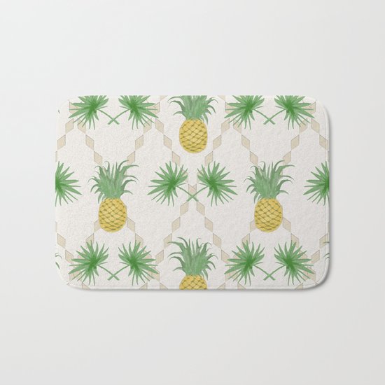 Exotic tropical seamless pattern with palm branches and pineapples . Bath Mat