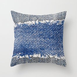Denim frame. Ripped denim fabric with fringe edge on bleached denim background, text place, copy space. Worn Jeans Casual Double Color patch. Classic blue denim pattern texture  Throw Pillow