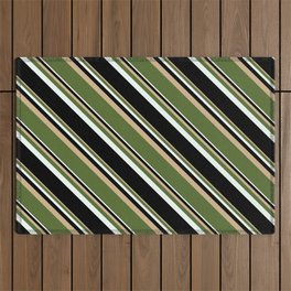 [ Thumbnail: Tan, Dark Olive Green, Mint Cream & Black Colored Stripes Pattern Outdoor Rug ]