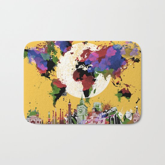 world map watercolor yellow Bath Mat