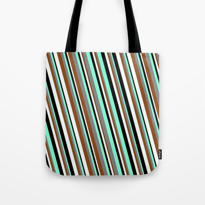 Eyecatching Aquamarine, Gray, Brown, Mint Cream, and Black Colored Striped/Lined Pattern Tote Bag