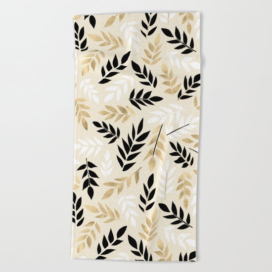 Black, White & Gold Fronds Beach Towel