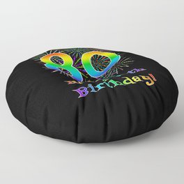 [ Thumbnail: 80th Birthday - Fun Rainbow Spectrum Gradient Pattern Text, Bursting Fireworks Inspired Background Floor Pillow ]