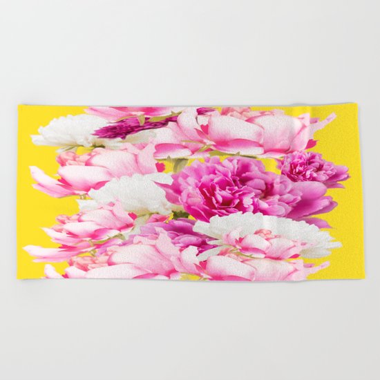 Beauties of nature - large pink flowers on a yellow background Beach Towel