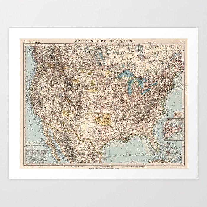 Vintage United States Map (1898) Art Print by BravuraMedia | Society6