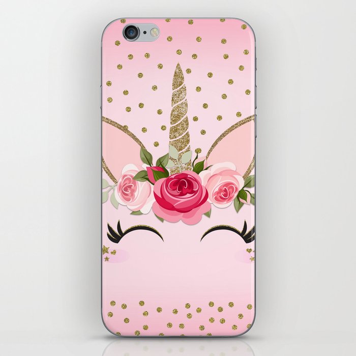 Pink & Gold Cute Floral Unicorn iPhone Skin