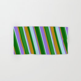 [ Thumbnail: Eye-catching Dark Goldenrod, Purple, Light Blue, Forest Green, and Dark Green Colored Lined Pattern Hand & Bath Towel ]