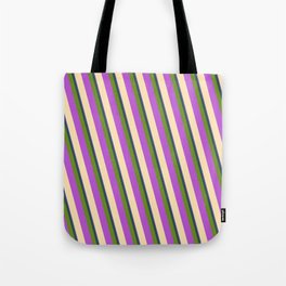 [ Thumbnail: Colorful Slate Blue, Dark Slate Gray, Green, Orchid & Beige Colored Striped Pattern Tote Bag ]